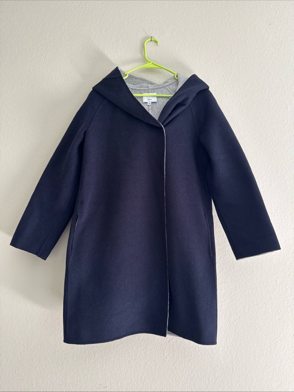 Vince Hooded Double Face Wool Coat Navy Gray Snap Front Relaxed Size S
